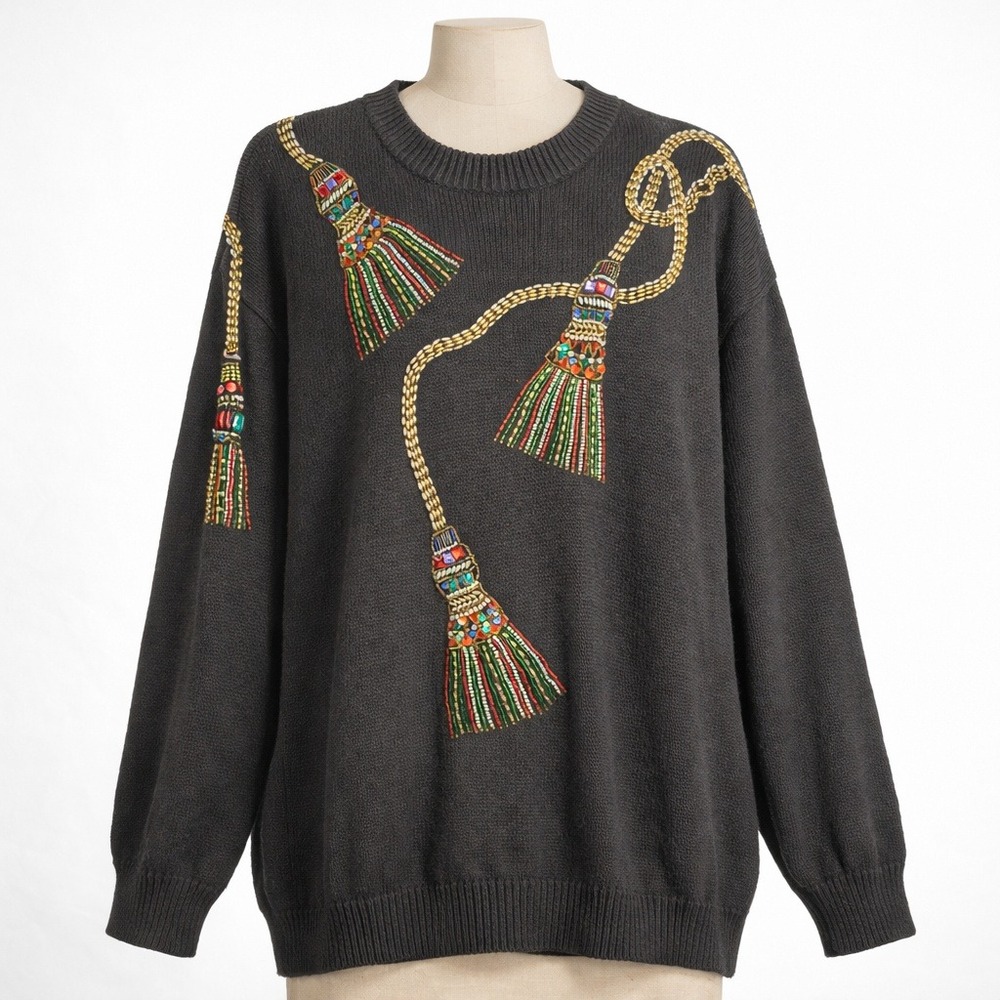 Vintage 90s Oversized Sweater Size M Black Tassel Metallic Maximalist Luxe Party